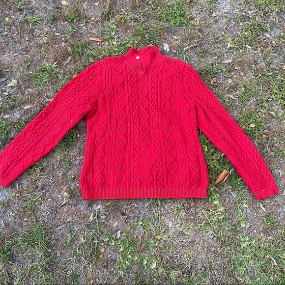 VTG LAUREN RALPH LAUREN Women Cotton Shawl Neck Fisherman Sweater Jumper XL Red - Picture 2 of 6
